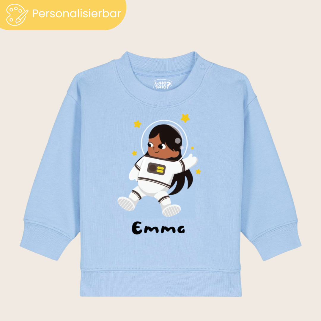 Personalisierbarer Baby Sweater mit Astronaut und Namen aus Biobaumwolle